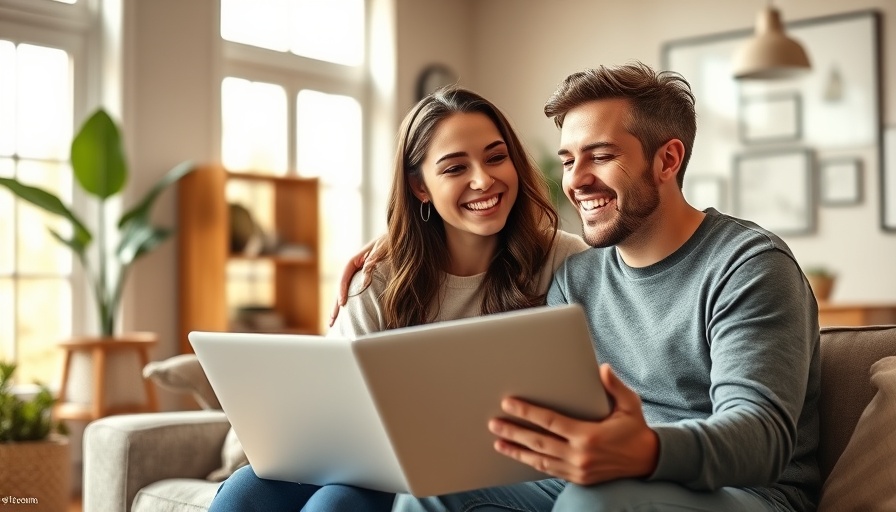 Young couple celebrating success with laptop in cozy living room.