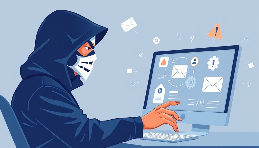 AI-Generated Hiring Fraud digital illustration with a masked character at a computer.