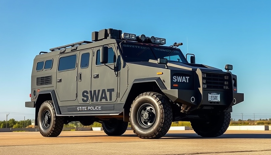 Indiana State Police SWAT team equipment, armored vehicle displayed outdoors.