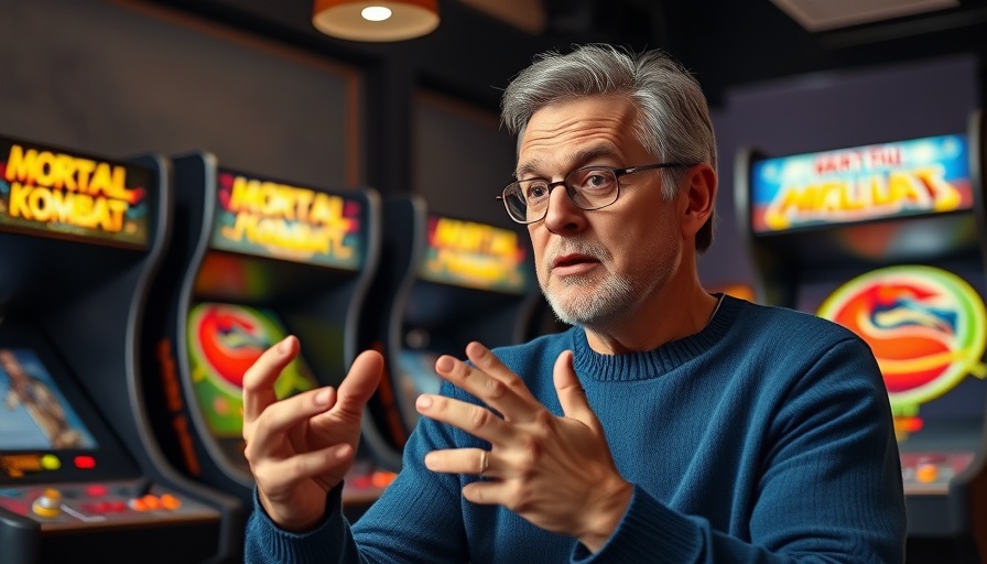 Man discussing game in front of arcade machines, Mortal Kombat Legacy Kollection.