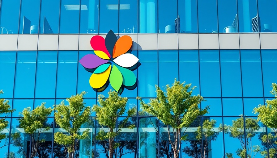 Corporate headquarters with colorful logo, reflecting glass.