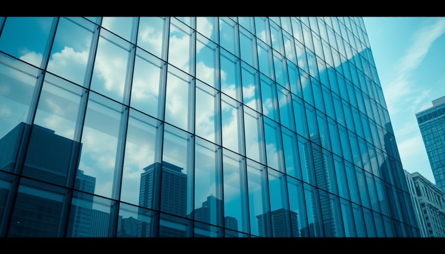 Modern tech building with large logo reflecting sky and foliage