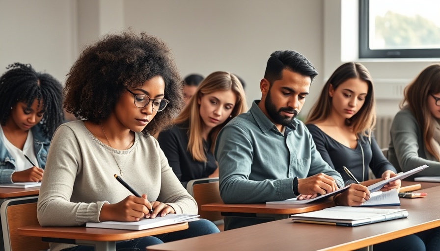 Diverse group writing attentively, highlighting communal focus.