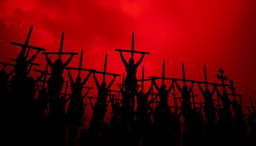 Depiction of Vlad the Impaler's historical acts with impaled figures against a red sky.