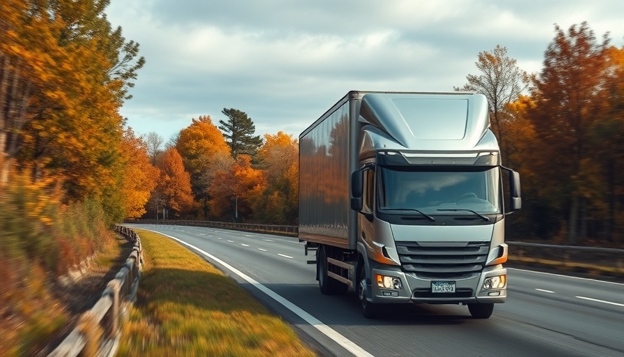 Modern moving truck on a rural highway with autumn foliage.