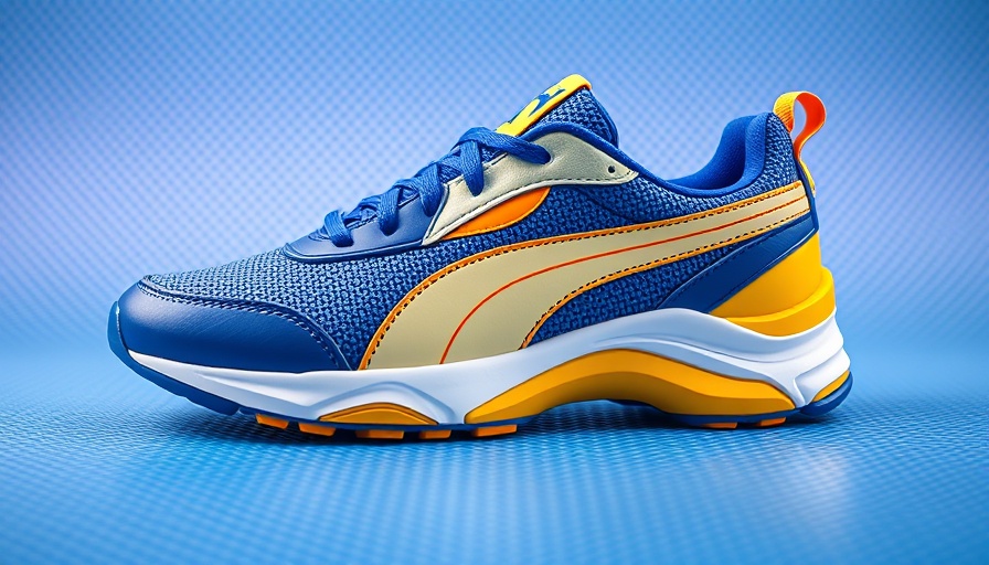 Colorful Puma sneakers from Sonic the Hedgehog Collection on blue background.