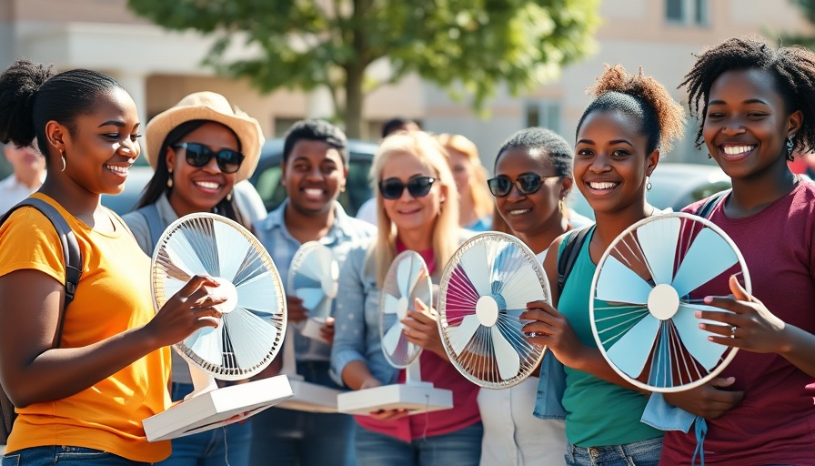 Volunteers distribute fans at San Antonio community event.