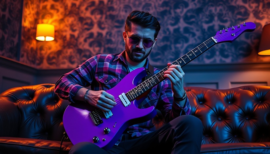Live Music Joshua Summey: Confident musician with purple guitar on sofa.