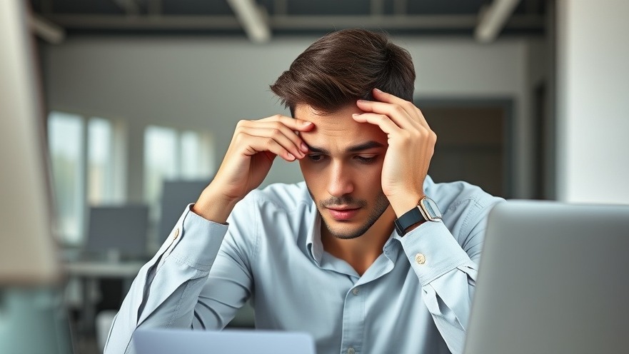 Young professional showing signs of burnout in military jobs at a modern office.