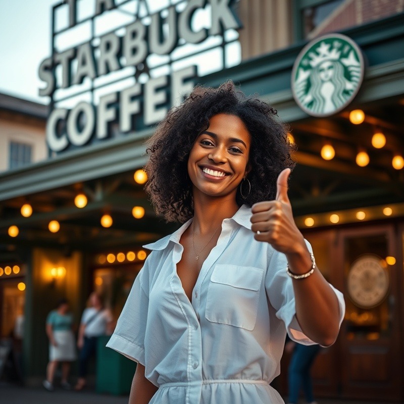 Light-skinned Black woman in white summer attire at original Starbucks, celebrating success.