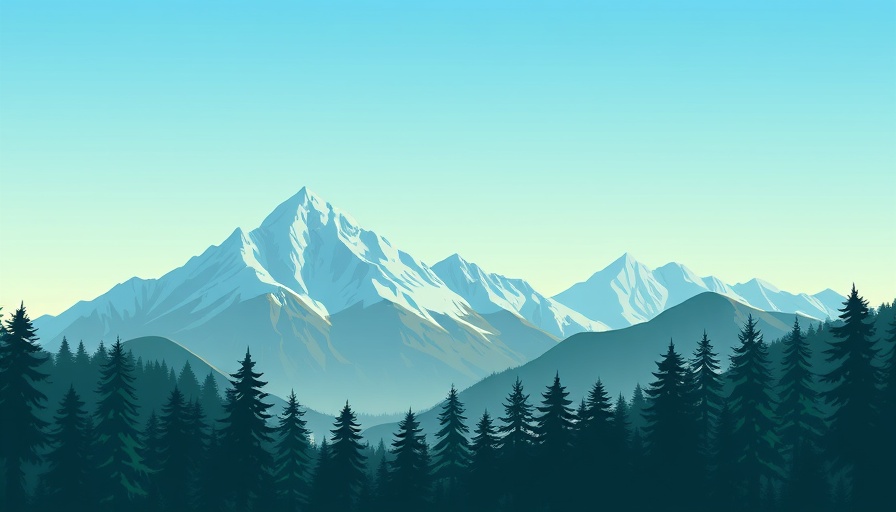 Stylized mountain and tree landscape illustration, serene scene.