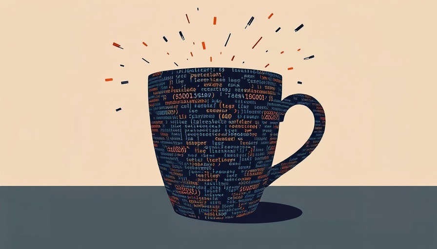 Innovative illustration of coffee cup in code, blending tech and art, for AI app development inspiration.