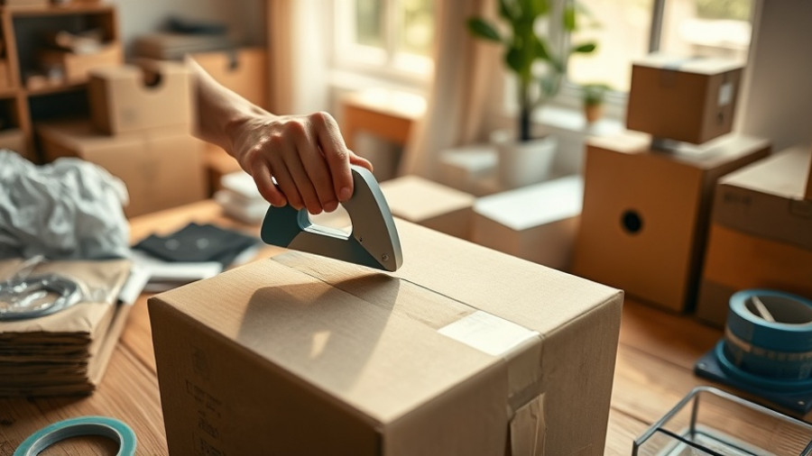 Holiday shipping strategies: taping a cardboard box on a table.