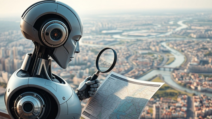 AI robot examines live Google Maps data, futuristic illustration