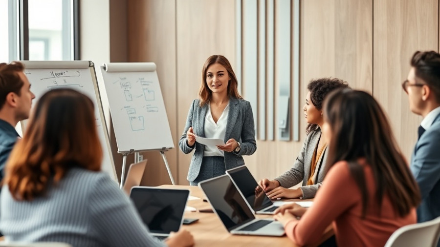 Leadership training session in modern office with diverse team.