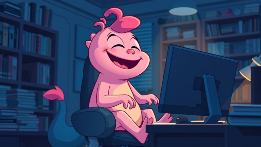 Joyful pink creature interacting with computer in cozy blue office, cartoon style.