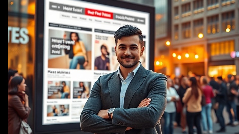 Confident business owner in urban setting with digital billboard showcasing brand authority.