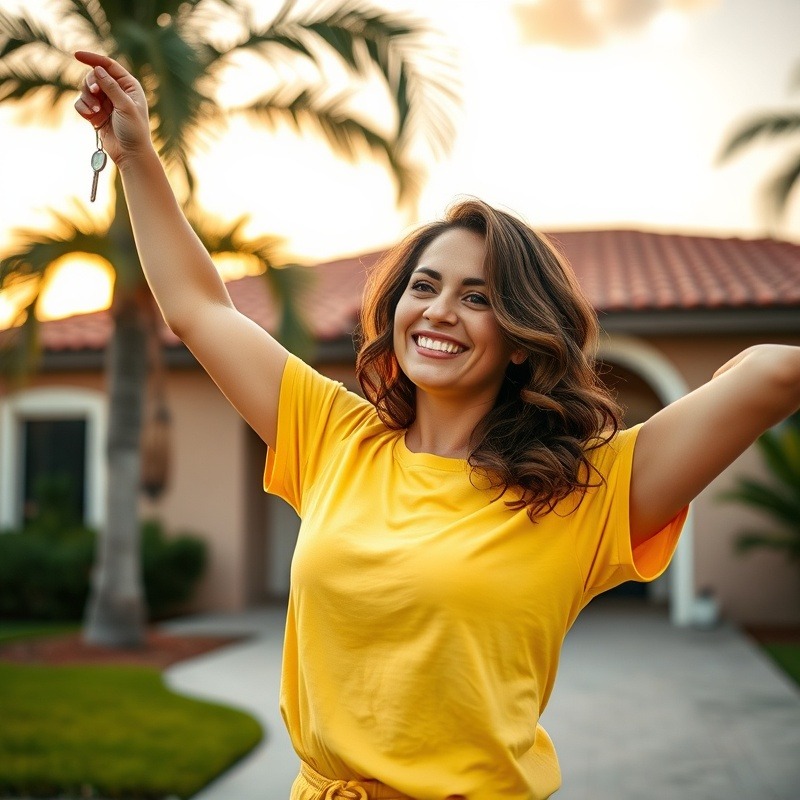 Italian woman in summer attire celebrates with house key in Miami, golden hour glow