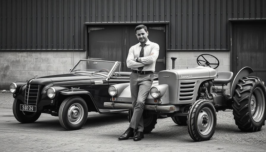 Vintage man with Lamborghini car and tractor, illustrating Ferrari's business mistake.
