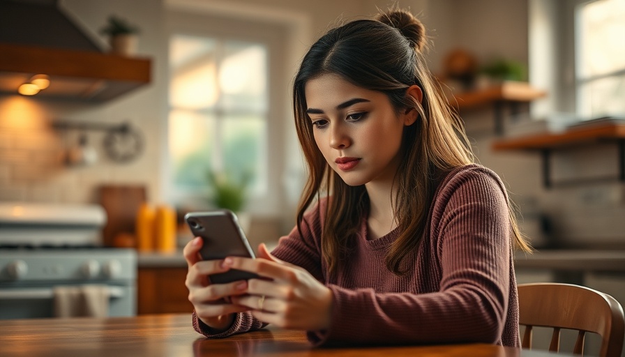 Young woman using phone at kitchen table for 'near me' searches.