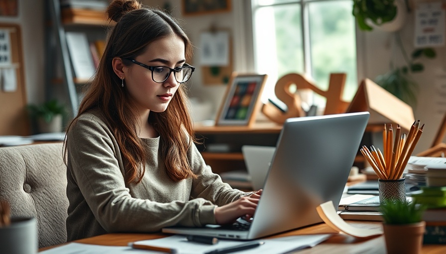 Young woman working on laptop in cozy home office, emphasizing local SEO.