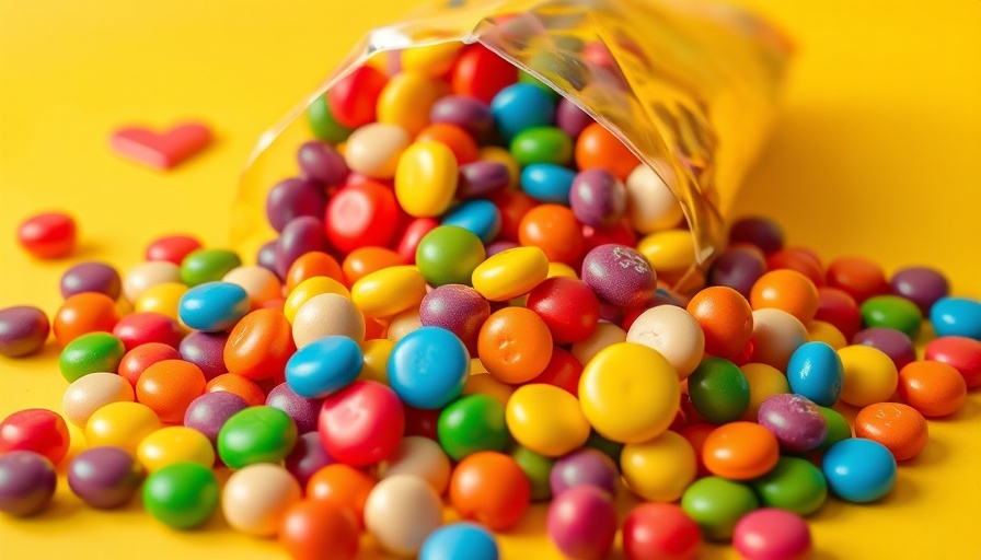 Assorted candies spilling from bag on yellow background in vibrant lifelike image.