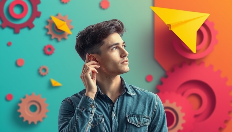 Future of SEO with AI for Small Businesses: Young man listening amid gears and paper plane
