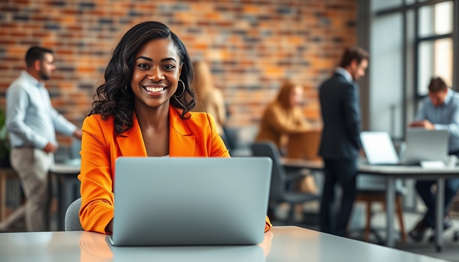 Smiling woman working on laptop in collaborative office.