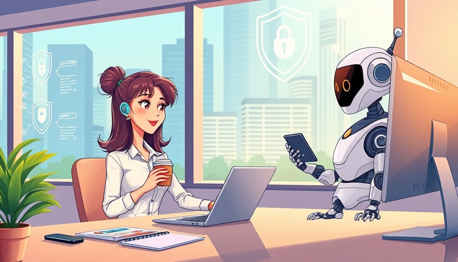 Cartoon of AI and female professional working on security policy