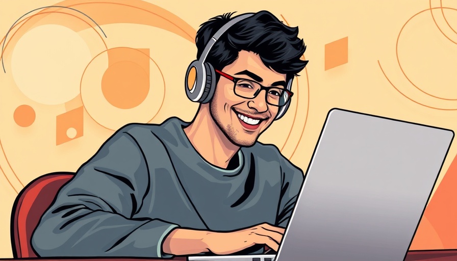 Young man working on laptop for AI marketing, abstract background.