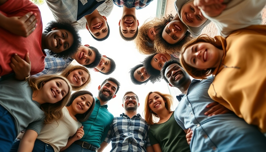 Diverse group embracing human-centered marketing, smiling together.