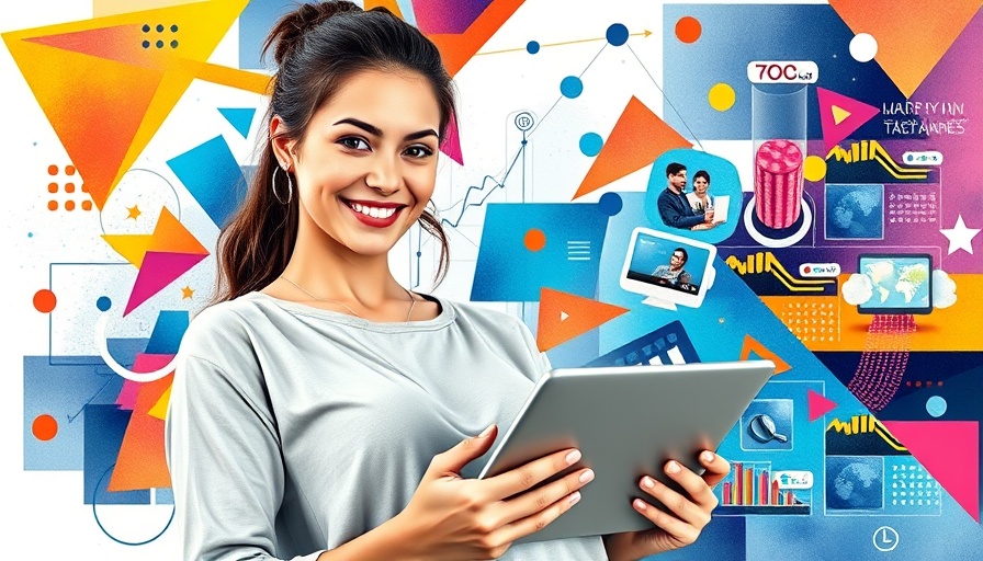 Interactive buyer journey concept with keyword research elements in a vibrant collage.