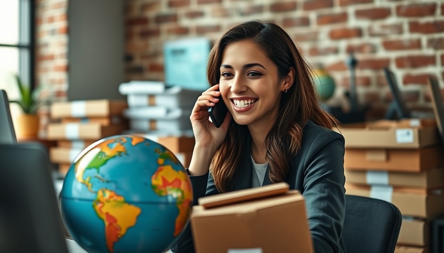 Young woman managing shipping internationally for small business with packages and a globe.