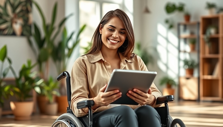 Confident woman in wheelchair holding tablet in office, smiling.