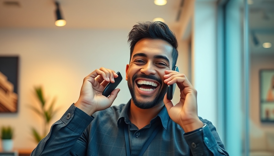 Young man using lead generation tools, talking on phone, vibrant setting.