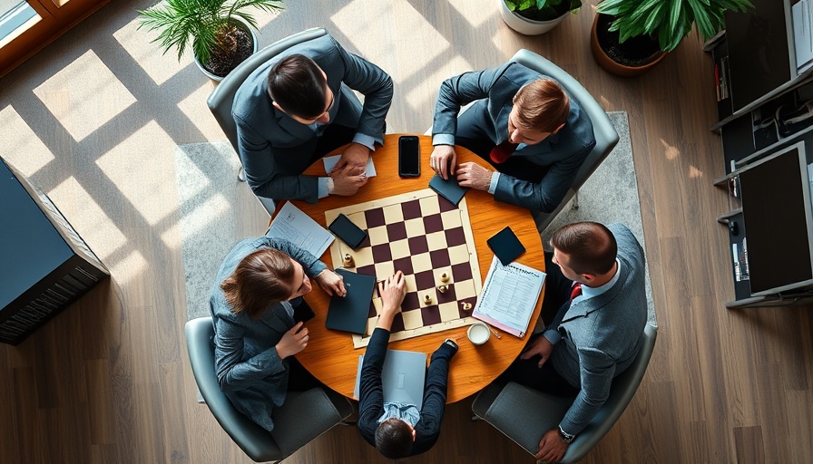 Business strategy meeting with chessboard and devices on table.