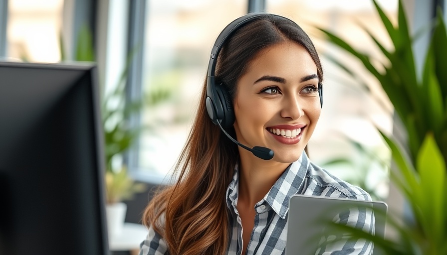 Smiling customer service representative providing assistance in office.