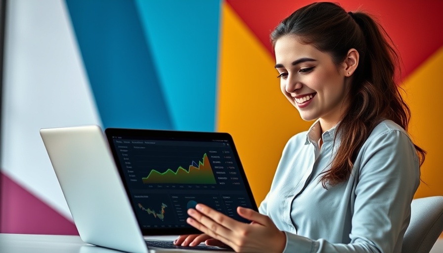 High ROI landing page illustration with professional woman and tablet.