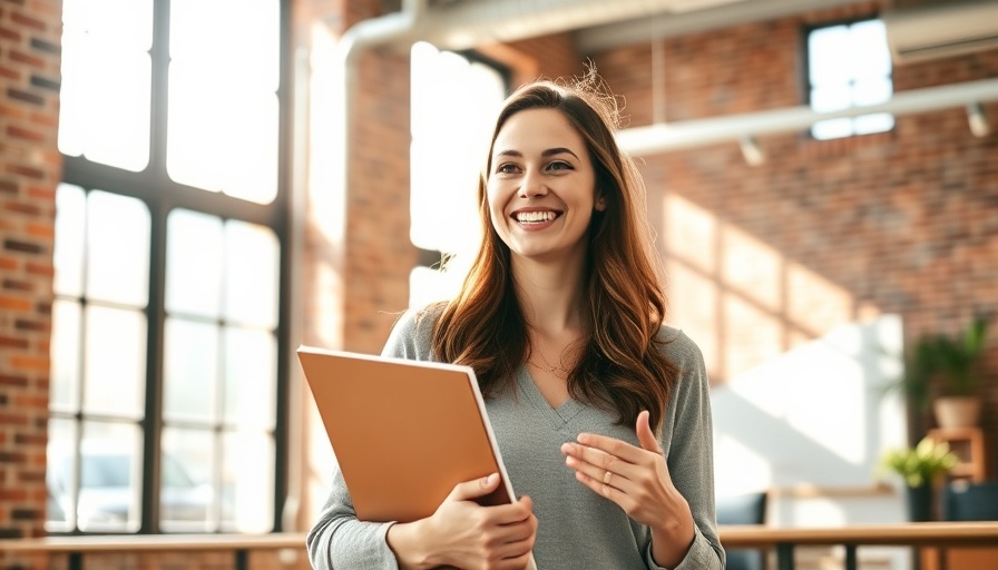 Cheerful woman in office starting a coaching business.