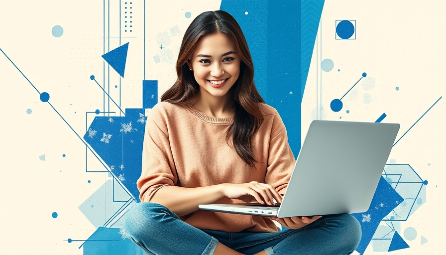 Young woman using laptop for online advertising with abstract design.