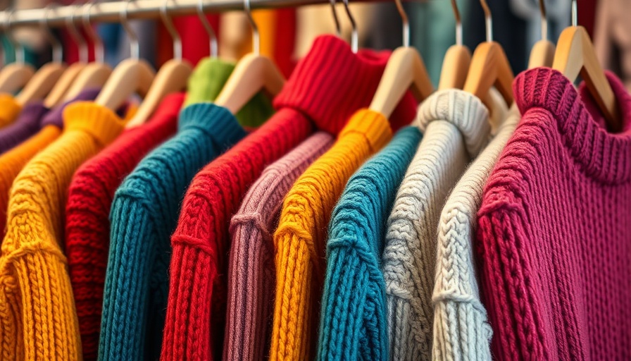 Colorful sweaters on hangers for sustainable shopping at second-hand shops.