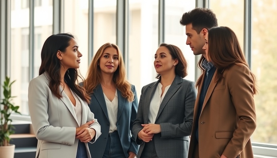 Professionals discussing business ideas in a modern office.