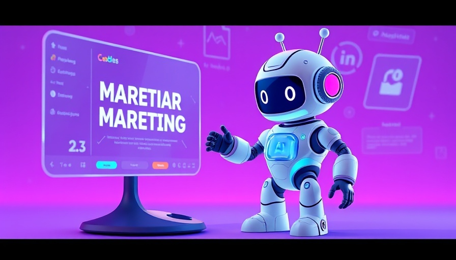 Illustration of AI tools for small business marketing with robot and digital graphics.
