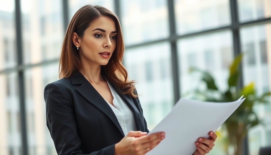 Businesswoman reviewing documents at laptop in modern office