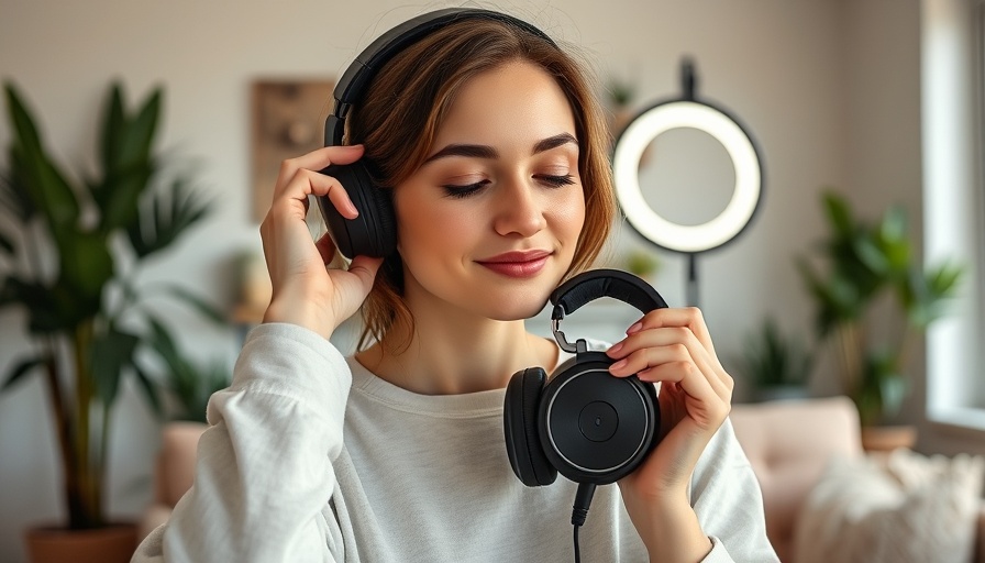 Young woman creating viral marketing content at home with headphones.