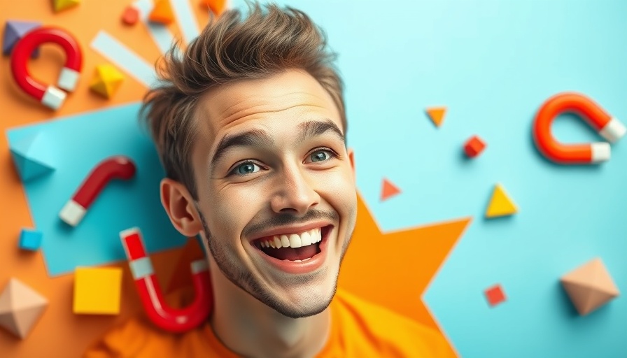 Colorful collage with a smiling man and abstract shapes, behavioral science marketing message.