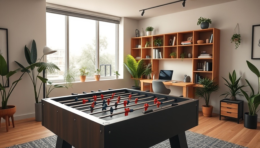 Modern man cave office design with foosball table and cozy setup.