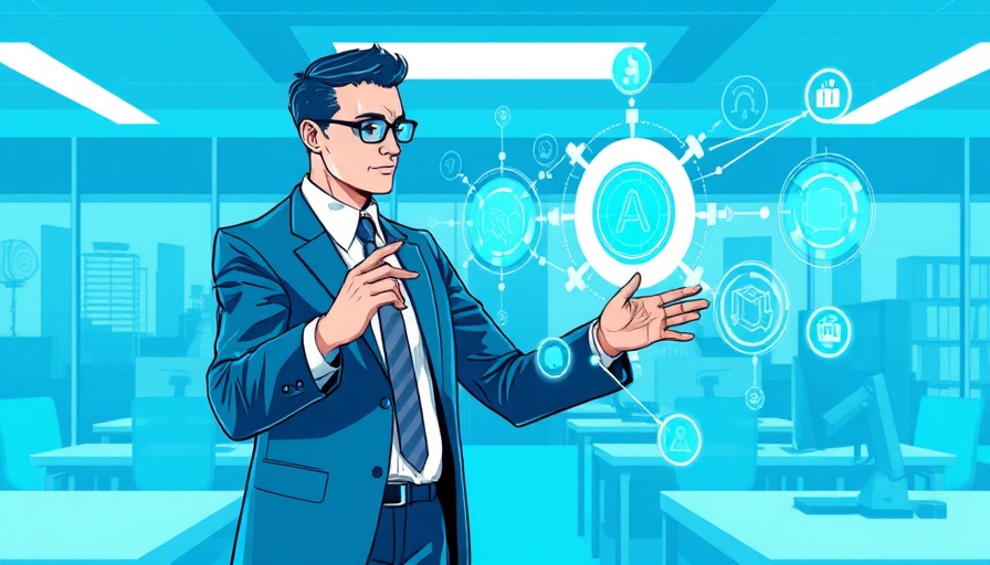 Business executive interacting with AI technology in a digital illustration.