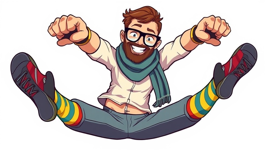 Cartoon man presenting colorful socks at a pop-up retail shop.