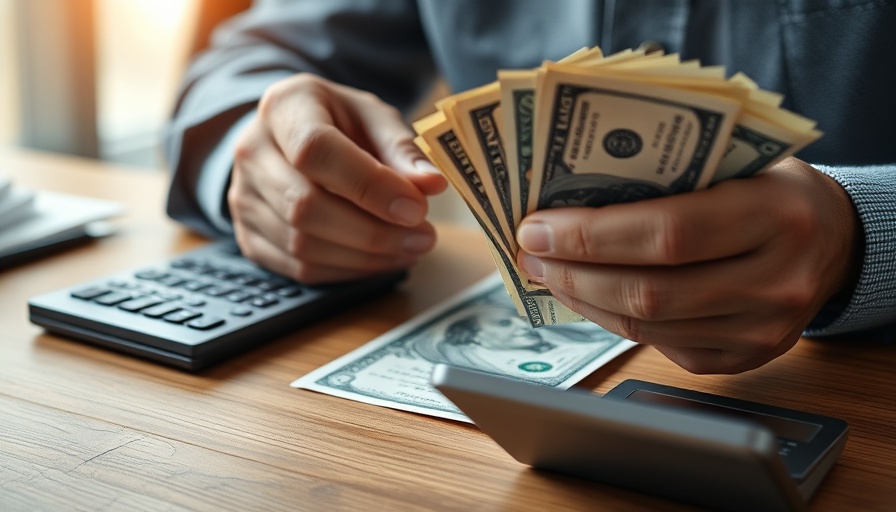 Man counting dollar bills beside a calculator, highlighting Merchant Cash Advance Benefits.